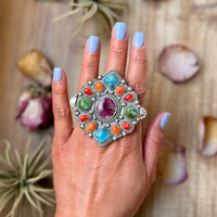 Mosaic Cluster Ring – Sterling Silver – Sonoran Mountain, Blue Ridge Turquoise & Spiny Oyster – Size 9 – Artist Shay Pfeiffer