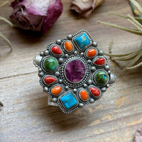 Mosaic Cluster Ring – Sterling Silver – Sonoran Mountain, Blue Ridge Turquoise & Spiny Oyster – Size 9 – Artist Shay Pfeiffer