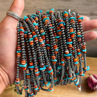 Sterling Silver Pearl Necklace with Orange Spiny Oyster & Sleeping Beauty Turquoise Chips – 14.5”