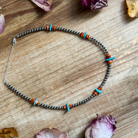Sterling Silver Pearl Necklace with Orange Spiny Oyster & Sleeping Beauty Turquoise Chips – 14.5”
