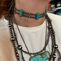 Pink/blue Double Strand Necklace – 13” Beaded – Sterling Silver Pearls & Rectangle Variscite