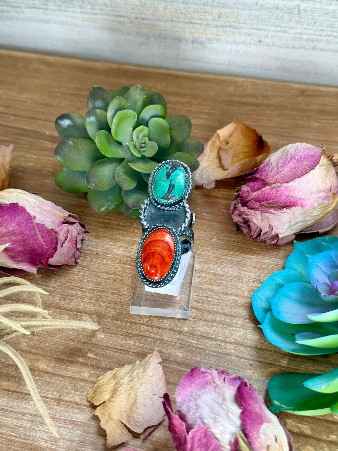 MJ Turquoise & Red Spiny Oyster Ring – Sterling Silver Adjustable Band