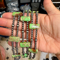 Green Double Strand Necklace – 13” Beaded – Sterling Silver Pearls & Rectangle Variscite