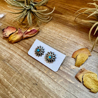 Small Sterling Silver Concho Earrings with Kingman Turquoise – Made in the USA
