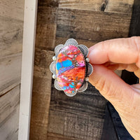 Adjustable Ring – Pink Dahlia Stone – Sterling Silver – Tia Long Navajo Handmade