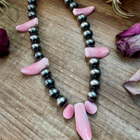 NFR Collection Necklace – 8mm & 14mm Sterling Silver Pearls with Pink Conch Shell – 23"