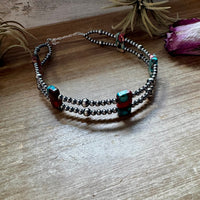 Pink/turquoise Double Strand Necklace – 13” Beaded – Sterling Silver Pearls & Rectangle Variscite