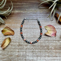 Sterling Silver Pearl Bracelet with Red-Orange Spiny Oyster Heishi