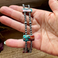 Pink/turquoise Double Strand Necklace – 13” Beaded – Sterling Silver Pearls & Rectangle Variscite