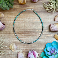 15” Heishi Turquoise Necklace – 4mm Turquoise & 5mm Sterling Silver Pearls