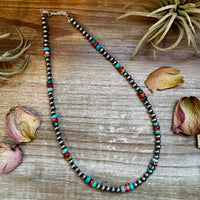 18-Inch Sterling Silver Pearl Necklace – Mixed Turquoise & Spiny Oyster (5mm)