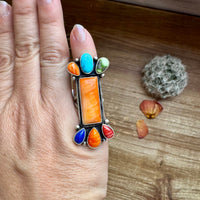 Long Ring- Size 5 - mix stone turquoise, spiny and sterling silver