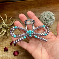 Pearl and turquoise magnesite bead bow hair clips