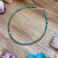 15” Heishi Turquoise Necklace – 4mm Turquoise & 5mm Sterling Silver Pearls