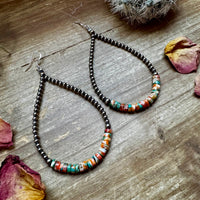 3 mm teardrop earrings Sterling Silver Pearls with orange spiny/Turquoise