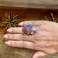 Adjustable Ring – Pink Dahlia Stone – Sterling Silver – Tia Long Navajo Handmade