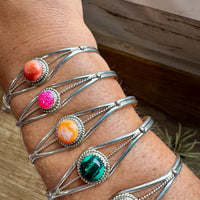 Multistone Cuff Bracelet – Malachite, Spiny Oyster, or Pink Opal – Sterling Silver - pick yours