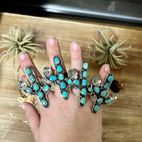 Blue Turquoise Cactus Ring with flower - Adjustable - Brass silver