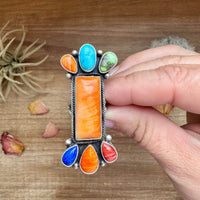 Long Ring- Size 5 - mix stone turquoise, spiny and sterling silver