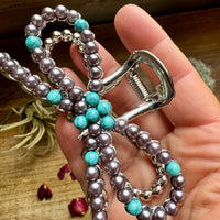 Pearl and turquoise magnesite bead bow hair clips