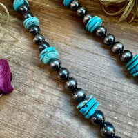 NFR Collection Necklace – 35 inch long 8mm & 14mm Sterling Silver Pearls with 20mm Turquoise Rondelle