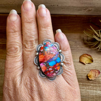 Adjustable Ring – Pink Dahlia Stone – Sterling Silver – Tia Long Navajo Handmade