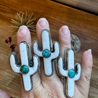 White Cactus Antler with turquoise Adjustable Ring