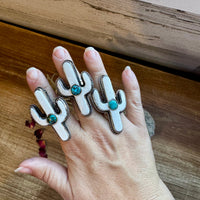 White Cactus Antler with turquoise Adjustable Ring
