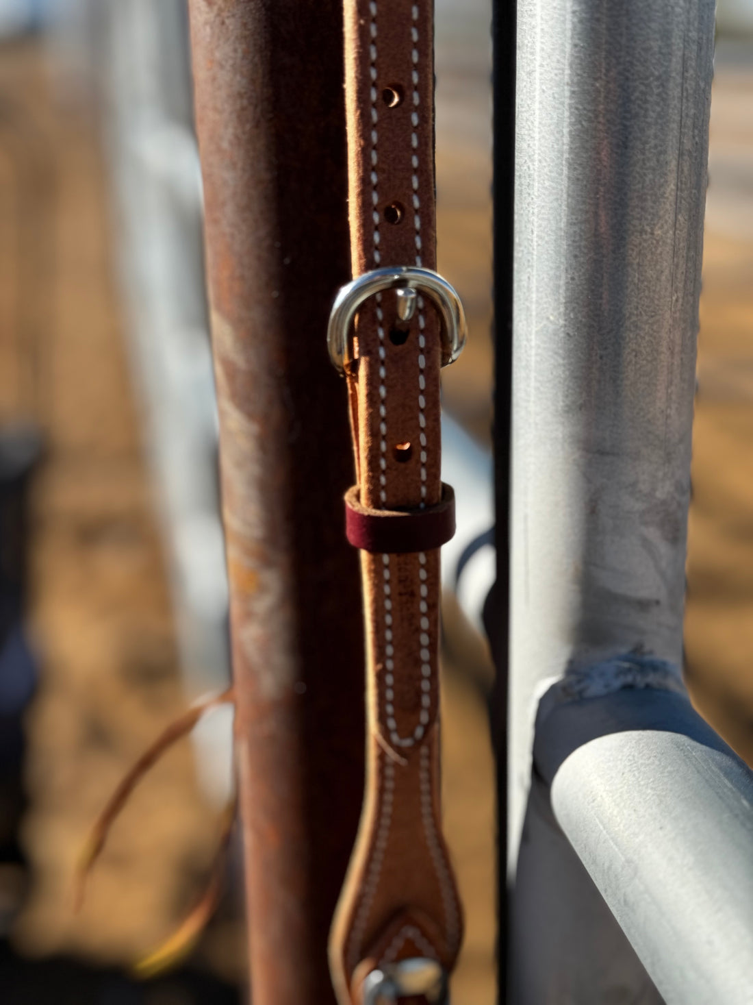 upclose of stainless steel buckle on roughout headstall