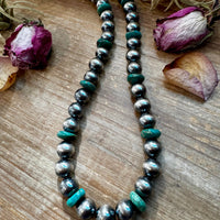 NFR Collection Necklace – 14mm Sterling Silver Pearls with 16mm Green Turquoise Rondelles –  28.5"