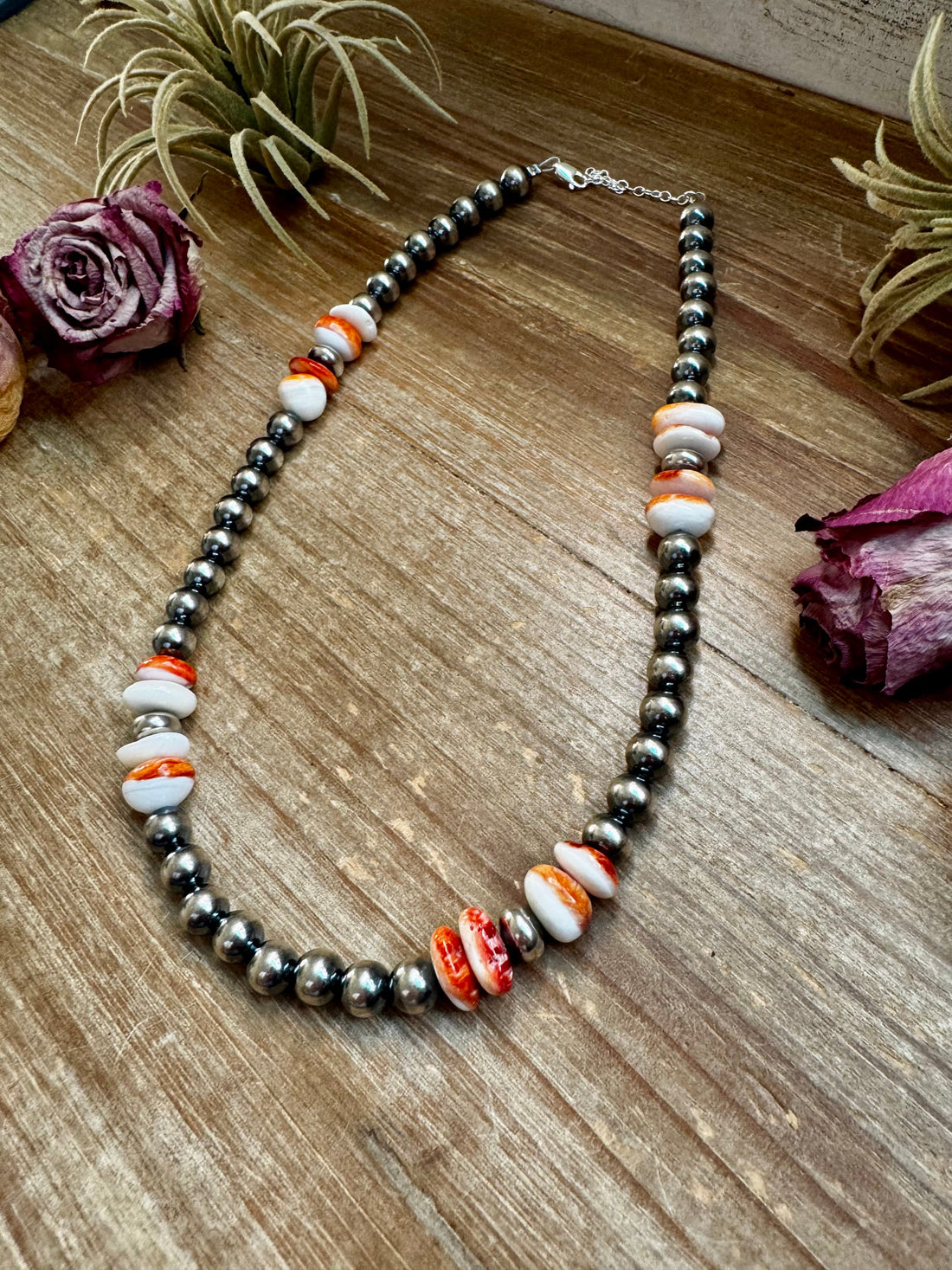 Spiny Oyster &amp; Sterling Silver Pearl Necklace – 8mm – Handmade by The Bijoux FAB – 17.5"