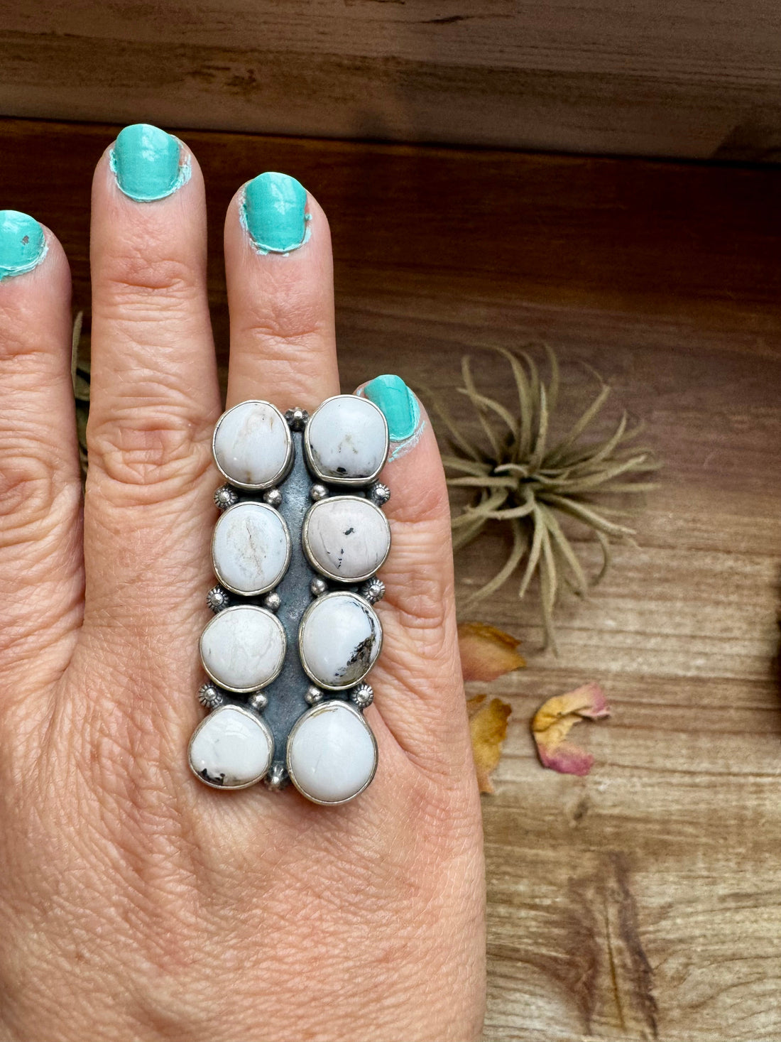 White Buffalo Turquoise Ring – 8-Stone Adjustable Long Statement Ring