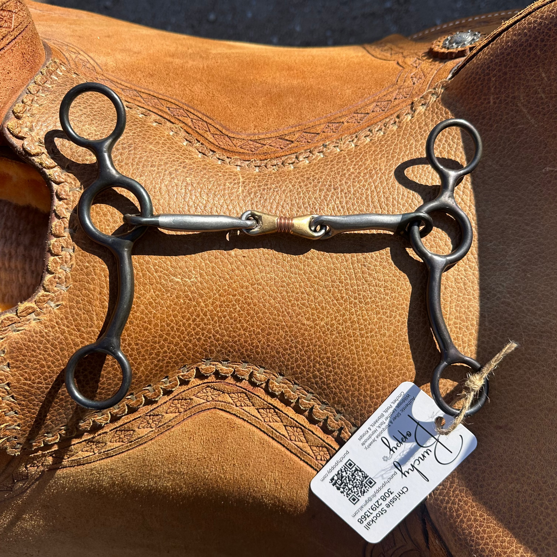 copper dog bone swept back gag bit on saddle