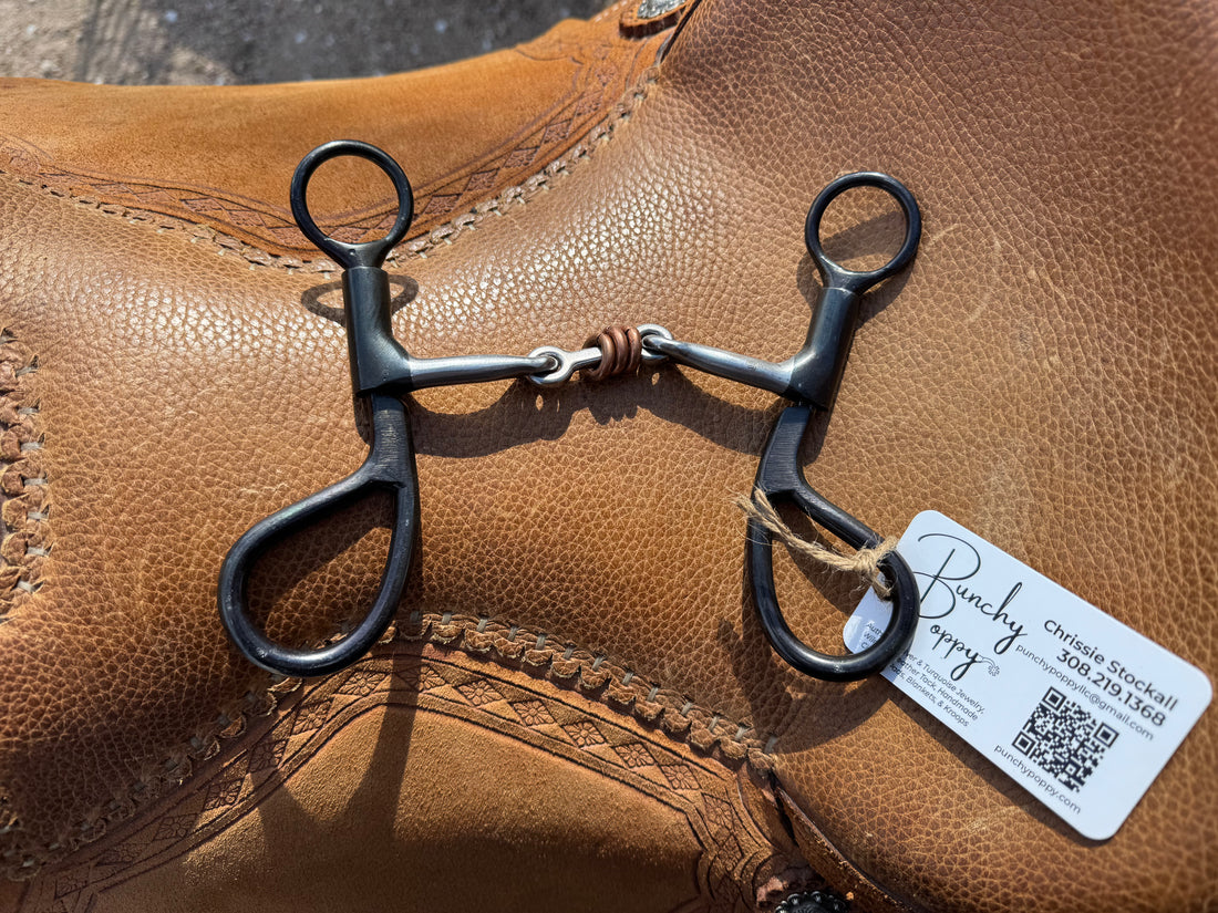 teardrop cheek with dong bone mouth with copper rings laid across saddle