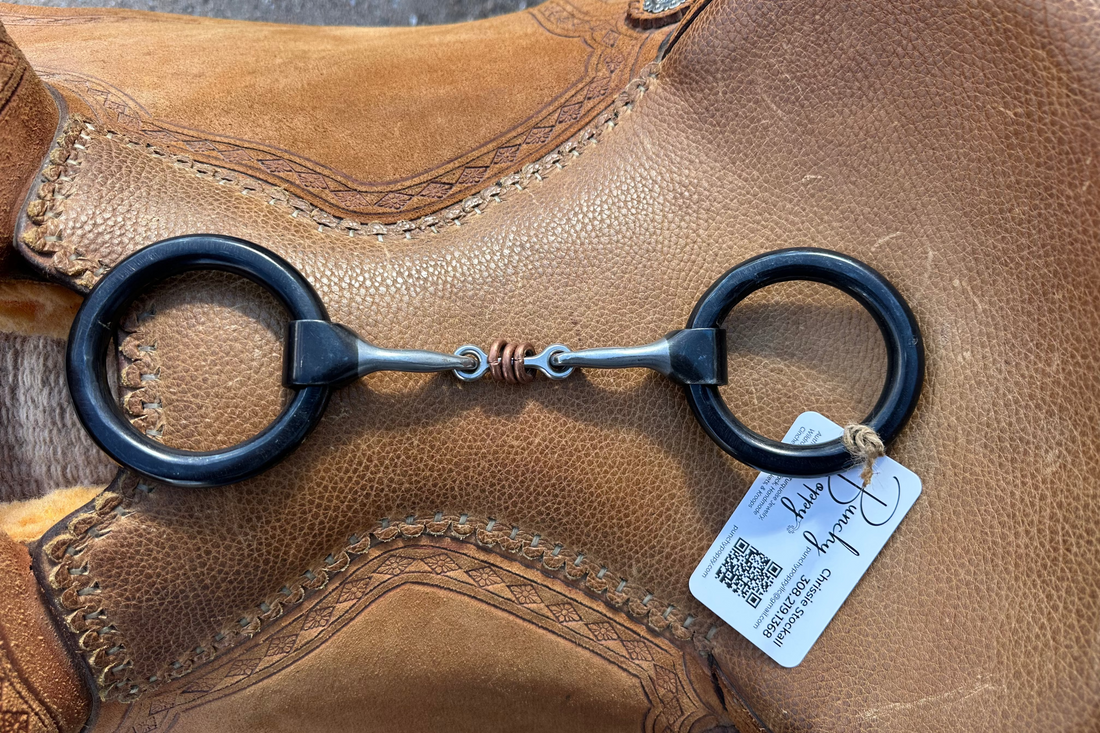 Extra thick weighted ring 3 piece dog bone snaffle with 3 copper rings over the dog bone