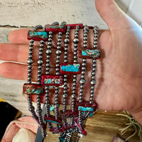 Pink/blue Double Strand Necklace – 13” Beaded – Sterling Silver Pearls & Rectangle Variscite