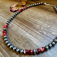 19 inch 8 mm Sterling Silver Pearls necklace with Red Spiny