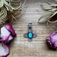 Zia Symbol Pendant with Golden Hill Turquoise – Sterling Silver – Native Made by KB