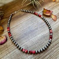 19 inch 8 mm Sterling Silver Pearls necklace with Red Spiny