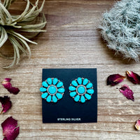 Cluster earrings stud - sterling silver and turquoise
