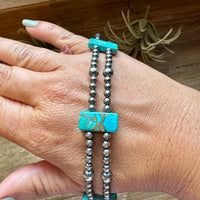 TURQUOISE Double Strand Necklace – 13” Beaded – Sterling Silver Pearls & Rectangle Variscite