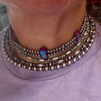 Green/Blue Double Strand Necklace – 13” Beaded – Sterling Silver Pearls & Rectangle Variscite Turquoise