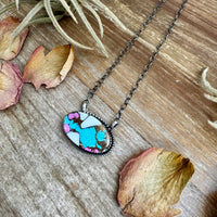 Cotton Candy Turquoise Bar Necklace – Oval Shape – 18" Sterling Chain – Tia Long, Navajo Handmade