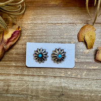 Small Sterling Silver Concho Earrings with Kingman Turquoise – Made in the USA