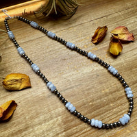 Blue Lace Agate & Sterling Silver Pearl Necklace – 20 ½” Plus Extender