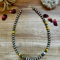 18 inch 8 mm Sterling Silver Pearls necklace and bumblebee jasper beads