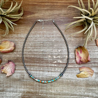 Sterling Silver Pearl Choker with Turquoise & Spiny Oyster Heishi