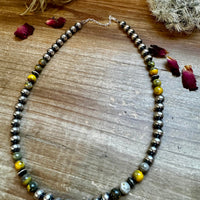 18 inch 8 mm Sterling Silver Pearls necklace and bumblebee jasper beads