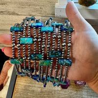 Navy Double Strand Necklace – 13” Beaded – Sterling Silver Pearls & Rectangle Variscite
