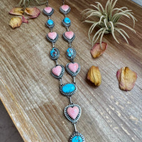 Lariat Necklace – Golden Hill Turquoise & Pink Conch Heart – 34” Adjustable Statement Piece
